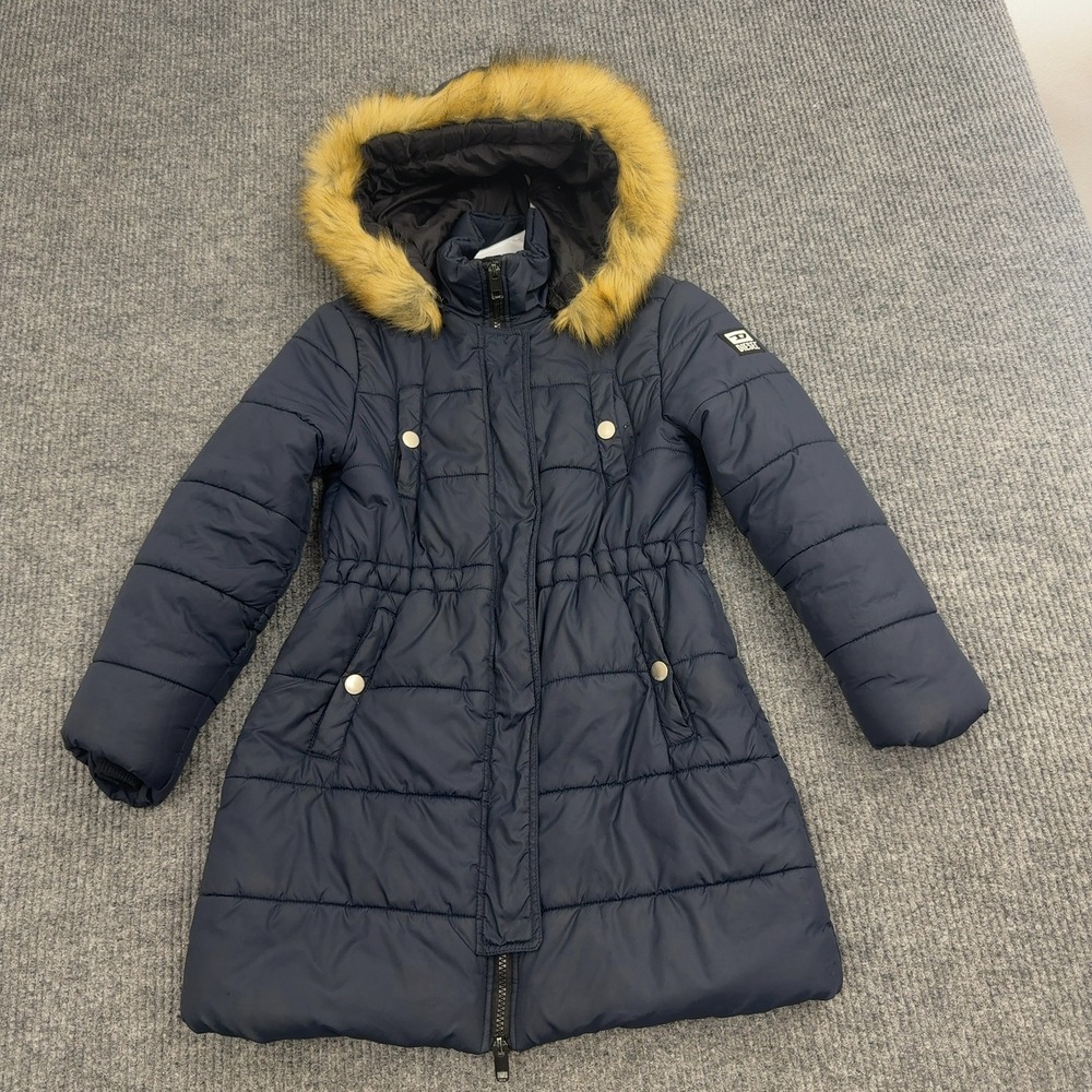 Diesel Puffer Jacket Girls XS Navy Blue Faux Fur Hood Quilted Parka Winter Coat